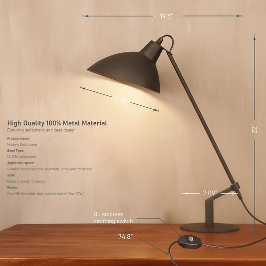 Desk Lamp Modern Industrial 100% Metal Table Lamp 22", Soft White Light (3000K) with Adjustable Switch, Ideal for Office Bedroom Study Room Living Room Nightstand Bedside Lamps Sand Black