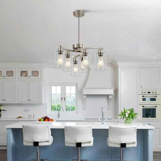 6 Light Farmhouse Brushed Nickel Chandelier,21.7" Modern Chandeliers for Dining Room Light Fixtures Over Table,Pendant Lights Kitchen Island,Metal Bracket with Downward Clear Glass Shade