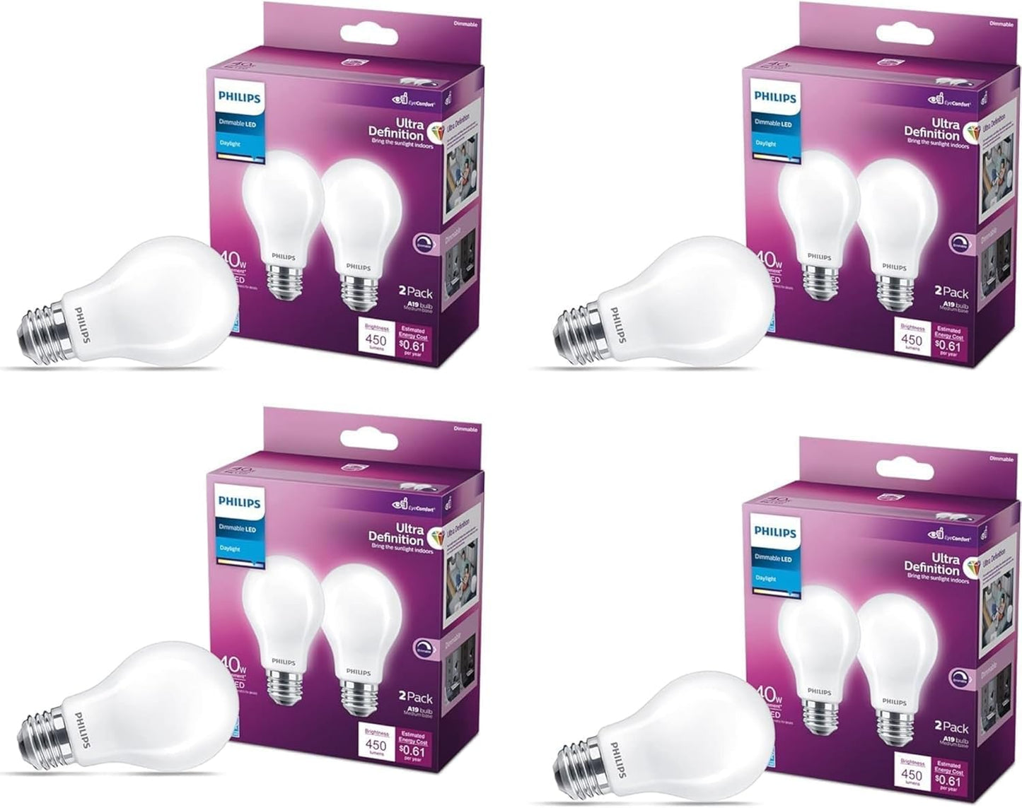 PHILIPS LED 60W A19 8-Pack Ultra Definition (2700K) 800 Lumen (8W = 60W) Dimmable Frosted Flicker-Free Light Bulbs