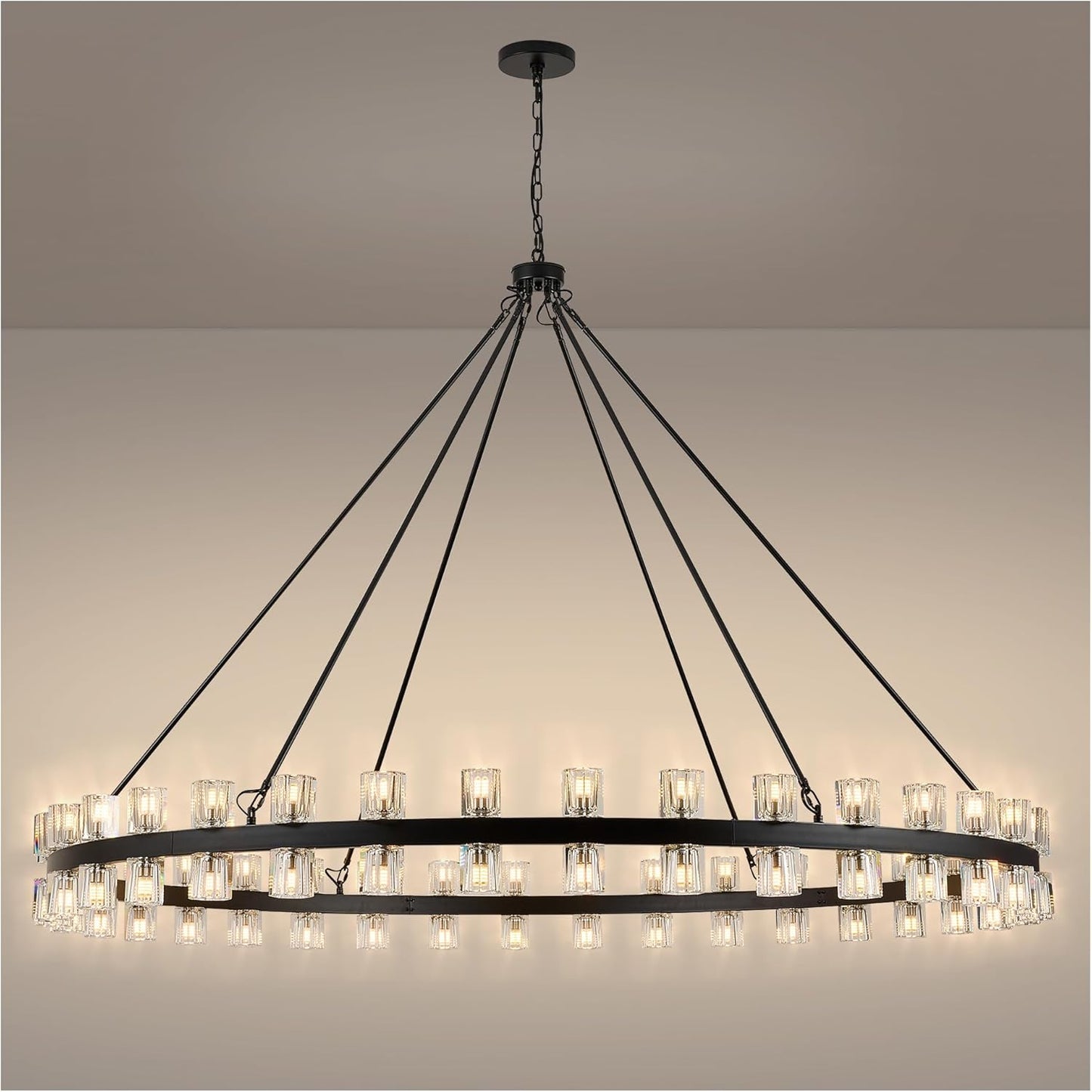 48 Inch Black Wagon Wheel Chandelier with Glass Shade, 16 Lights, Modern Farmhouse Style, Ideal for Dining Room, Kitchen, Entryways