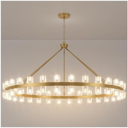 48 Inch Black Wagon Wheel Chandelier with Glass Shade, 16 Lights, Modern Farmhouse Style, Ideal for Dining Room, Kitchen, Entryways