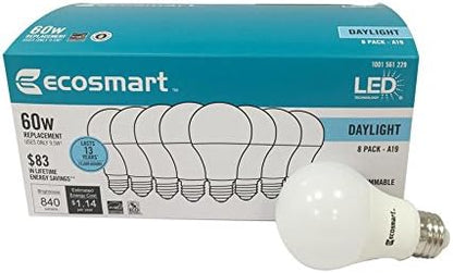 Ecosmart 8 Pack LED A19 Light bulb, 60w Equivalent (A19 Daylight)