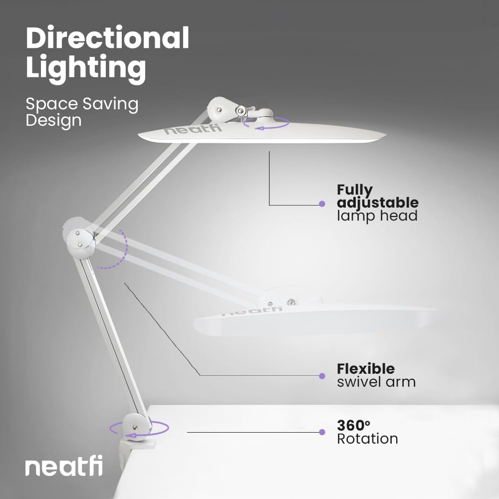 Neatfi XL 2,200 Lumens LED Desk Lamp with Clamp, 24W Bright Architect Task Lamp, 20 Inches Dimmable Computer Light, Adjustable Desk Light for Home, Office, Crafts, Nails & Hobbies (Non-CCT, White)