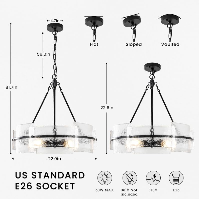 Modern Dining Room Chandelier 22” Black Textured Glass Chandelier Luxury Drum Crystal Light Fixture Farmhouse Round Hanging Lighting for Dining Room Kitchen Island Living Room Hallway Bedroom