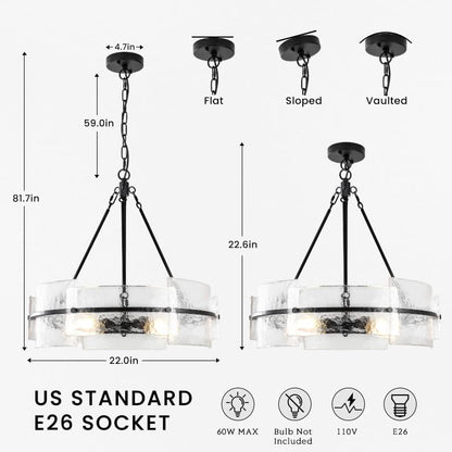 Modern Dining Room Chandelier 22” Black Textured Glass Chandelier Luxury Drum Crystal Light Fixture Farmhouse Round Hanging Lighting for Dining Room Kitchen Island Living Room Hallway Bedroom