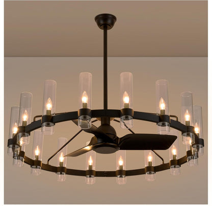 48 Inch Black Wagon Wheel Chandelier with Glass Shade, 16 Lights, Modern Farmhouse Style, Ideal for Dining Room, Kitchen, Entryways