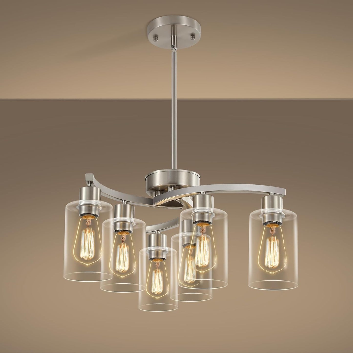 6 Light Farmhouse Brushed Nickel Chandelier,21.7" Modern Chandeliers for Dining Room Light Fixtures Over Table,Pendant Lights Kitchen Island,Metal Bracket with Downward Clear Glass Shade