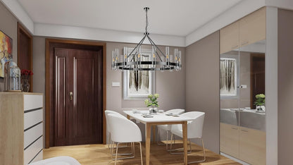 48 Inch Black Wagon Wheel Chandelier with Glass Shade, 16 Lights, Modern Farmhouse Style, Ideal for Dining Room, Kitchen, Entryways