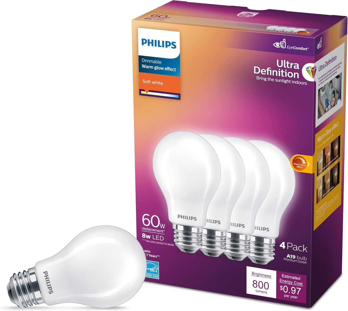 PHILIPS LED 60W A19 8-Pack Ultra Definition (2700K) 800 Lumen (8W = 60W) Dimmable Frosted Flicker-Free Light Bulbs