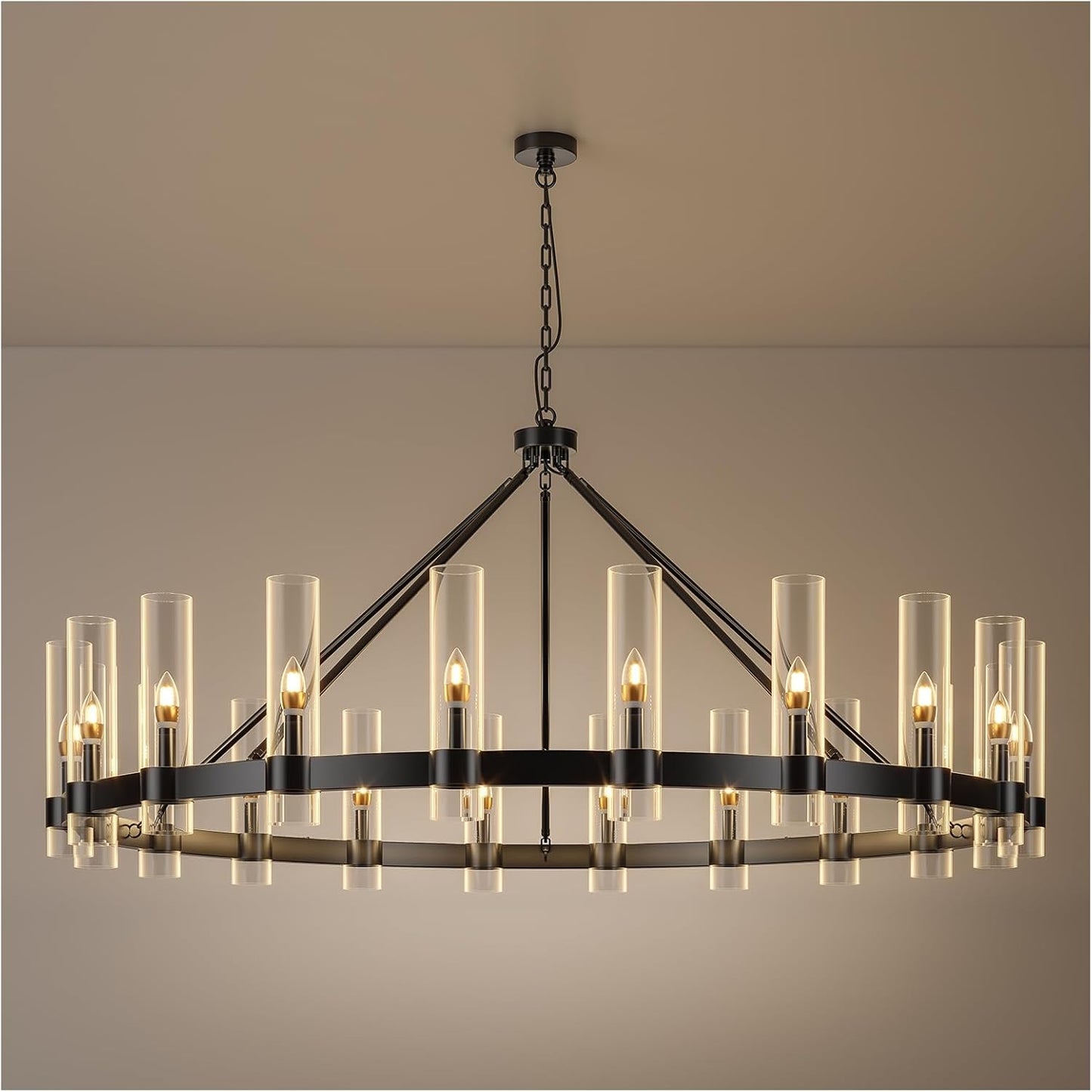 48 Inch Black Wagon Wheel Chandelier with Glass Shade, 16 Lights, Modern Farmhouse Style, Ideal for Dining Room, Kitchen, Entryways