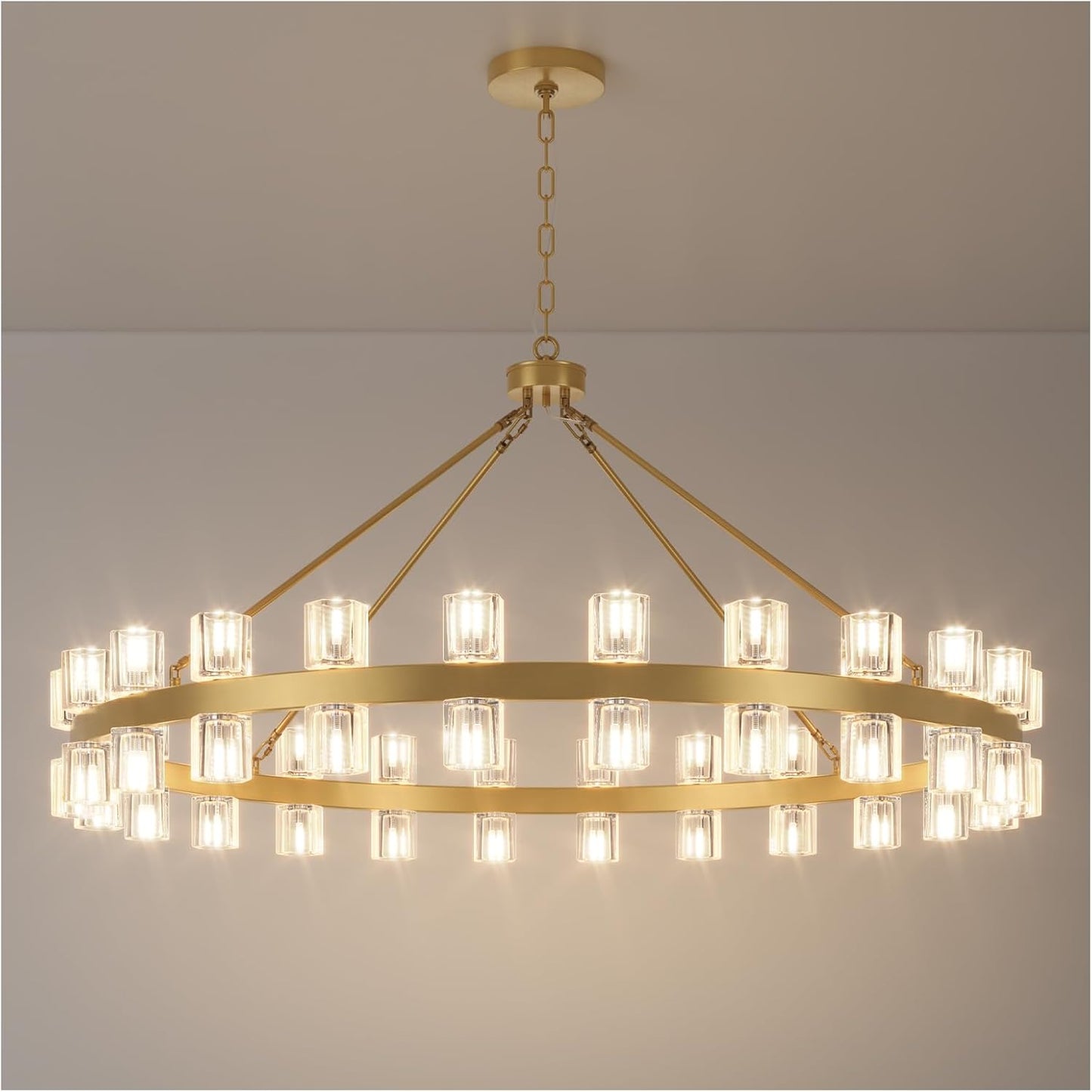 48 Inch Black Wagon Wheel Chandelier with Glass Shade, 16 Lights, Modern Farmhouse Style, Ideal for Dining Room, Kitchen, Entryways