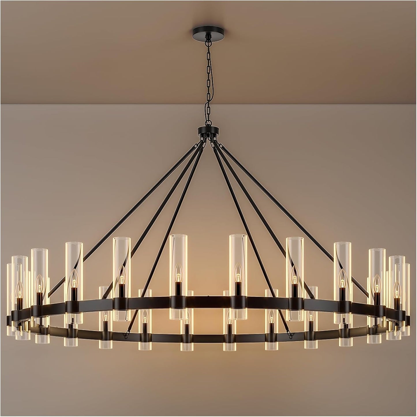 48 Inch Black Wagon Wheel Chandelier with Glass Shade, 16 Lights, Modern Farmhouse Style, Ideal for Dining Room, Kitchen, Entryways