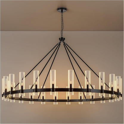 48 Inch Black Wagon Wheel Chandelier with Glass Shade, 16 Lights, Modern Farmhouse Style, Ideal for Dining Room, Kitchen, Entryways