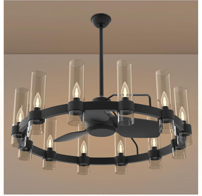 48 Inch Black Wagon Wheel Chandelier with Glass Shade, 16 Lights, Modern Farmhouse Style, Ideal for Dining Room, Kitchen, Entryways