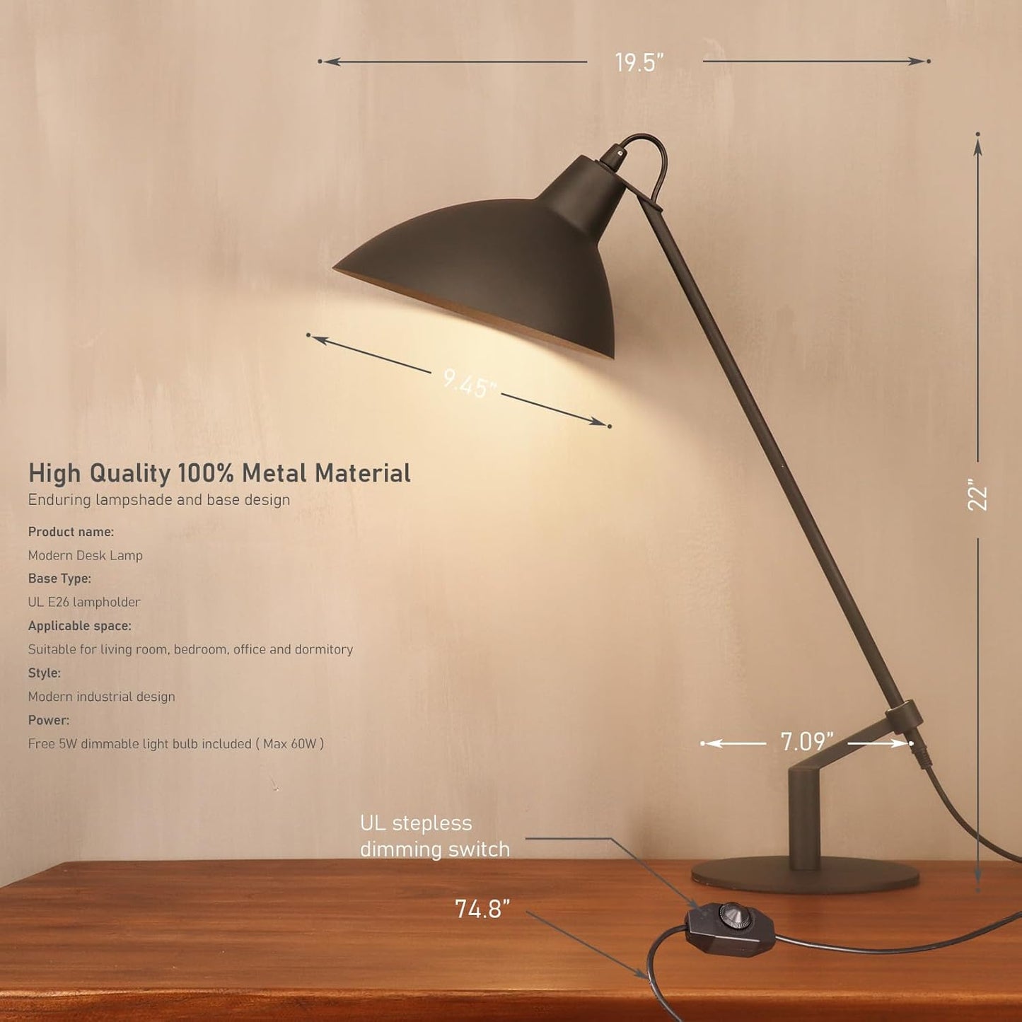 Desk Lamp Modern Industrial 100% Metal Table Lamp 22", Soft White Light (3000K) with Adjustable Switch, Ideal for Office Bedroom Study Room Living Room Nightstand Bedside Lamps Sand Black