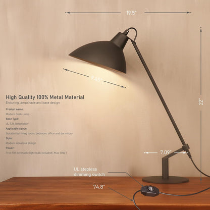 Desk Lamp Modern Industrial 100% Metal Table Lamp 22", Soft White Light (3000K) with Adjustable Switch, Ideal for Office Bedroom Study Room Living Room Nightstand Bedside Lamps Sand Black