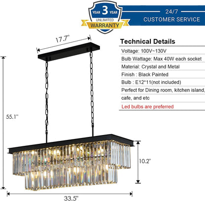 Crystal Chandeliers for Dining Room 11-Light Black Modern Chandelier Rectangle Contemporary Pendant Light Fixture for Kitchen Island Bar L33.5 Inch