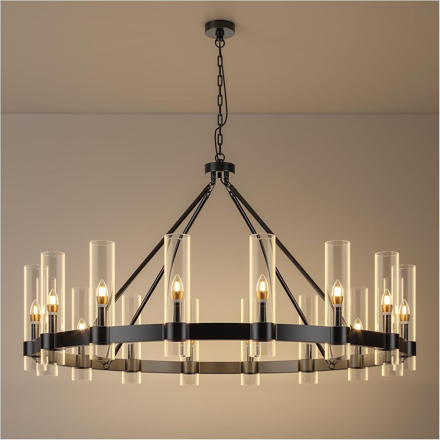 48 Inch Black Wagon Wheel Chandelier with Glass Shade, 16 Lights, Modern Farmhouse Style, Ideal for Dining Room, Kitchen, Entryways