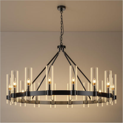 48 Inch Black Wagon Wheel Chandelier with Glass Shade, 16 Lights, Modern Farmhouse Style, Ideal for Dining Room, Kitchen, Entryways