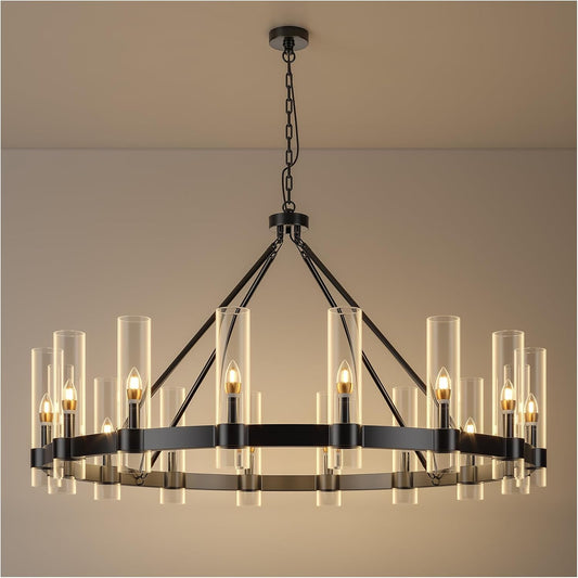 48 Inch Black Wagon Wheel Chandelier with Glass Shade, 16 Lights, Modern Farmhouse Style, Ideal for Dining Room, Kitchen, Entryways