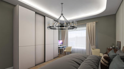 48 Inch Black Wagon Wheel Chandelier with Glass Shade, 16 Lights, Modern Farmhouse Style, Ideal for Dining Room, Kitchen, Entryways