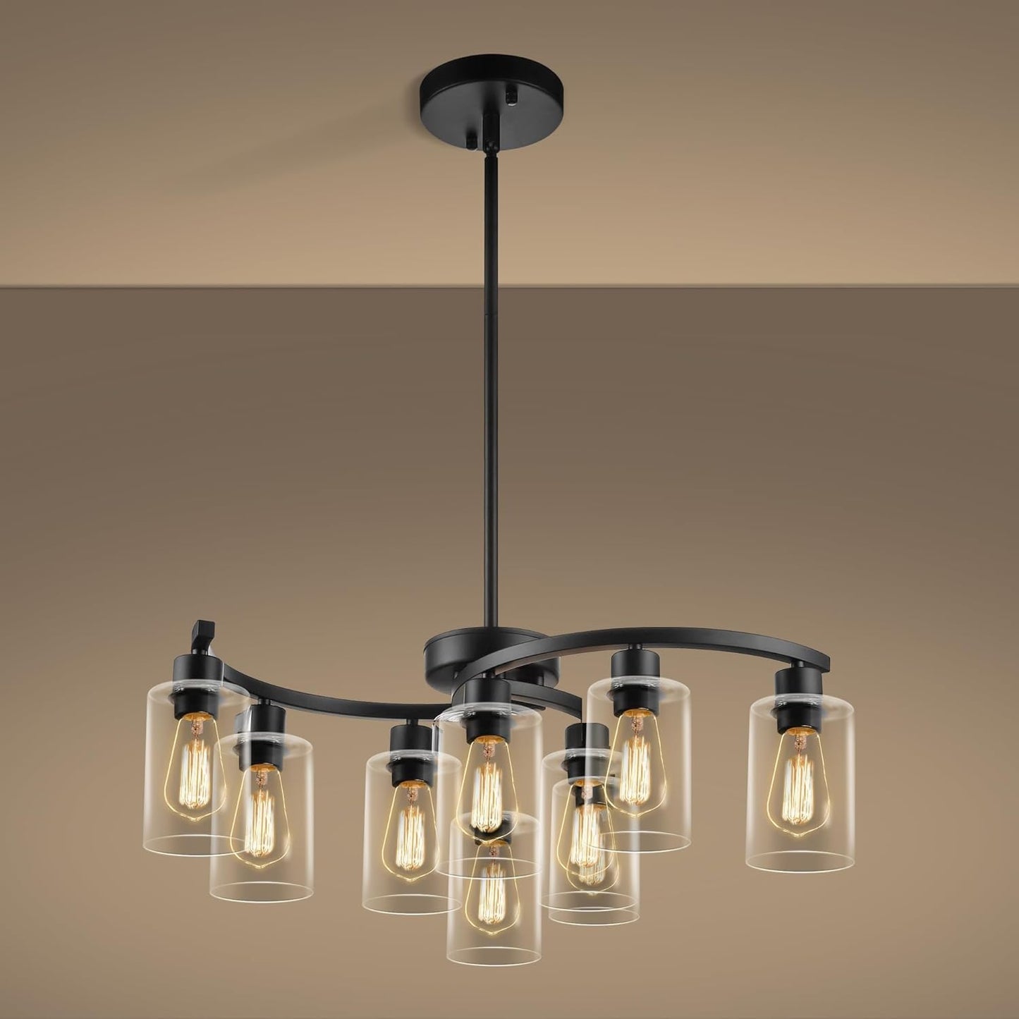 6 Light Farmhouse Brushed Nickel Chandelier,21.7" Modern Chandeliers for Dining Room Light Fixtures Over Table,Pendant Lights Kitchen Island,Metal Bracket with Downward Clear Glass Shade