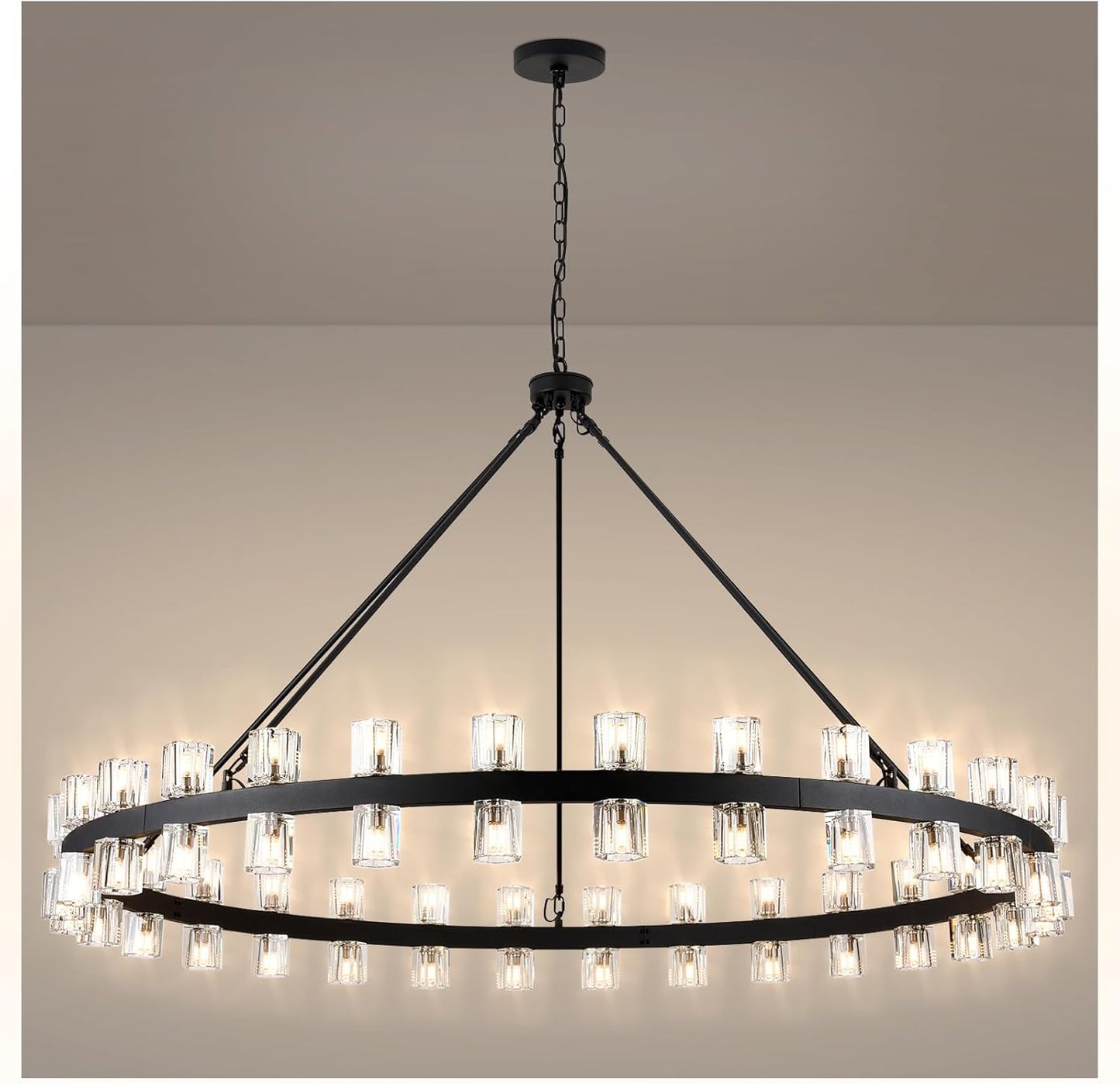 48 Inch Black Wagon Wheel Chandelier with Glass Shade, 16 Lights, Modern Farmhouse Style, Ideal for Dining Room, Kitchen, Entryways