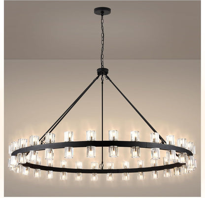 48 Inch Black Wagon Wheel Chandelier with Glass Shade, 16 Lights, Modern Farmhouse Style, Ideal for Dining Room, Kitchen, Entryways