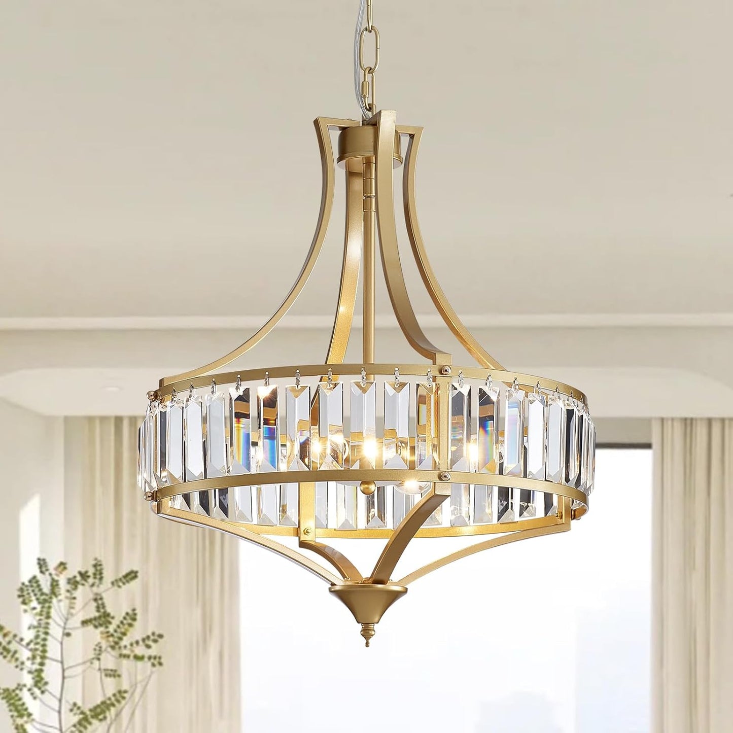 Modern Gold Crystal Chandeliers for Dining Room Pendant 4-Light Rustic Farmhouse Chandelier with Round Metal Lampshade for Living Room Kitchen Island Hallway Bedroom Foyer
