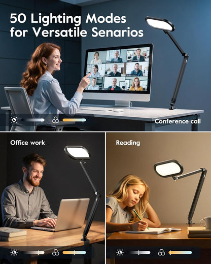 LED Desk Lamp for Home Office, Eye-Care Double-Sided Desk Light with Stepless Dimmable Knob Remote, Memory, Adjustable Arm Clip on Light for Video Recording, Zoom Call, Study, Flicker-Free, Glare-Free