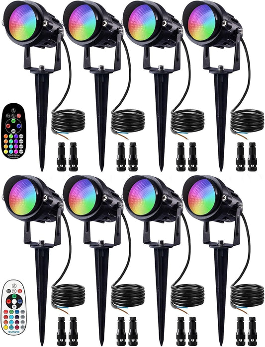 SUNVIE Halloween 12W RGB Color Changing Landscape Lights Low Voltage LED Landscape Lighting Remote Control Spotlight Waterproof Garden Pathway Christmas Decoration Outdoor, 8 Pack with Connector