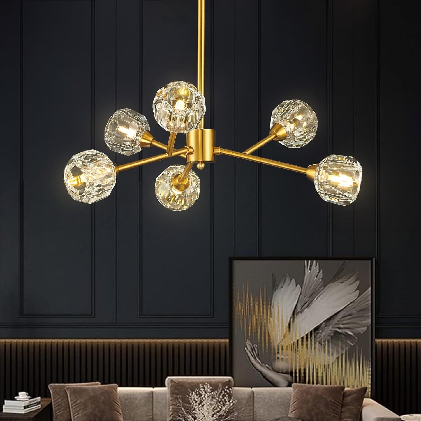 Sputnik Chandeliers for Dining Room Light Fixture Over Table, Modern Crystal Chandeliers, 9 Lights Gold Lighting Fixtures for Living Room Bedroom Kitchen Island