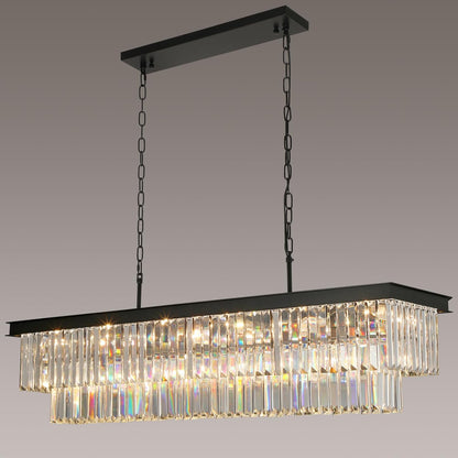 Crystal Chandeliers for Dining Room 11-Light Black Modern Chandelier Rectangle Contemporary Pendant Light Fixture for Kitchen Island Bar L33.5 Inch