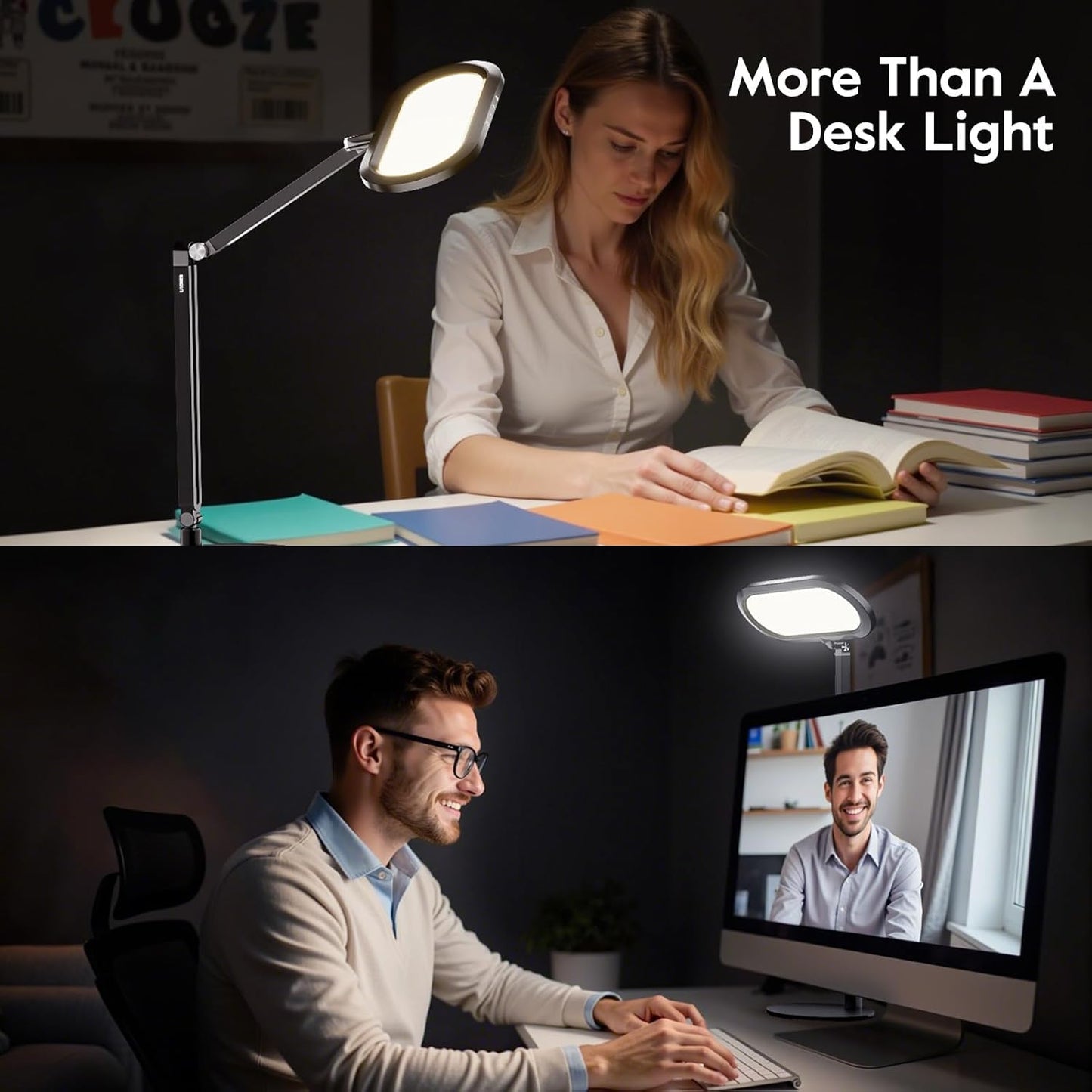 LED Desk Lamp for Home Office – Eye-Caring Double Side Light with Knob Remote, Stepless Dimming & Color, Memory, Metal Table Lamp for Zoom, Studying, Video Conference, Flicker-Free, Glare-Free