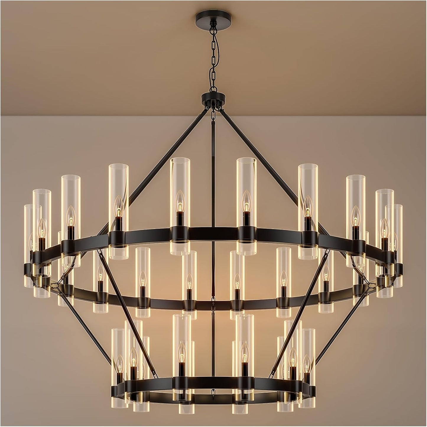 48 Inch Black Wagon Wheel Chandelier with Glass Shade, 16 Lights, Modern Farmhouse Style, Ideal for Dining Room, Kitchen, Entryways
