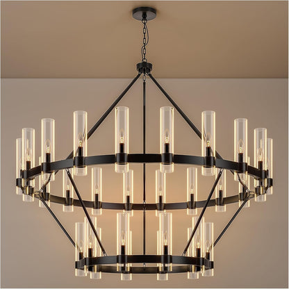 48 Inch Black Wagon Wheel Chandelier with Glass Shade, 16 Lights, Modern Farmhouse Style, Ideal for Dining Room, Kitchen, Entryways