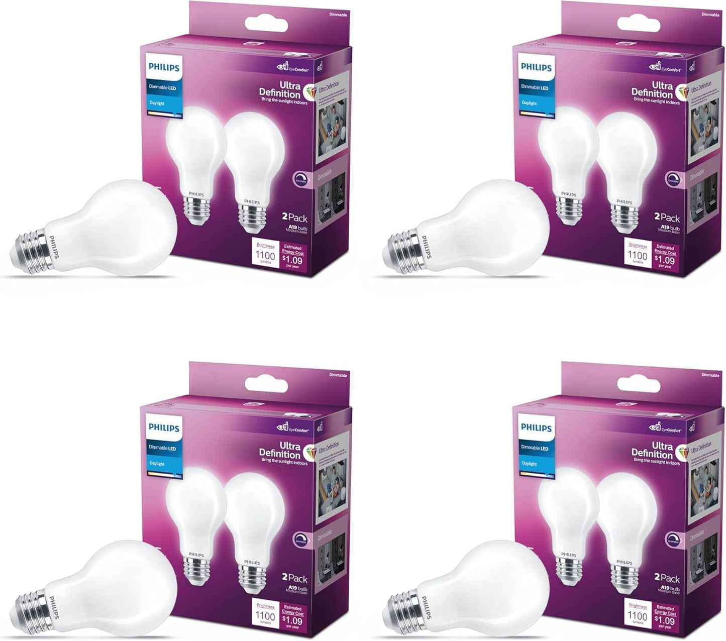 PHILIPS LED 60W A19 8-Pack Ultra Definition (2700K) 800 Lumen (8W = 60W) Dimmable Frosted Flicker-Free Light Bulbs