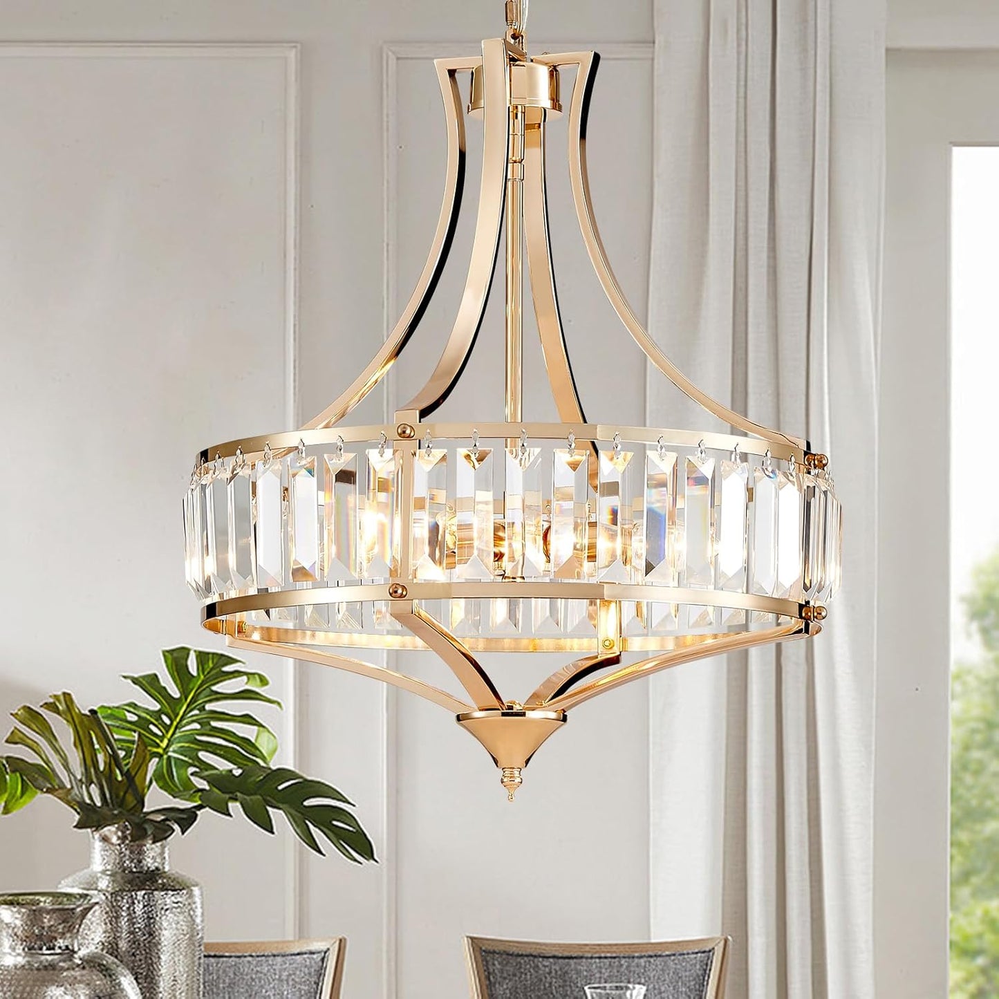 Modern Gold Crystal Chandeliers for Dining Room Pendant 4-Light Rustic Farmhouse Chandelier with Round Metal Lampshade for Living Room Kitchen Island Hallway Bedroom Foyer
