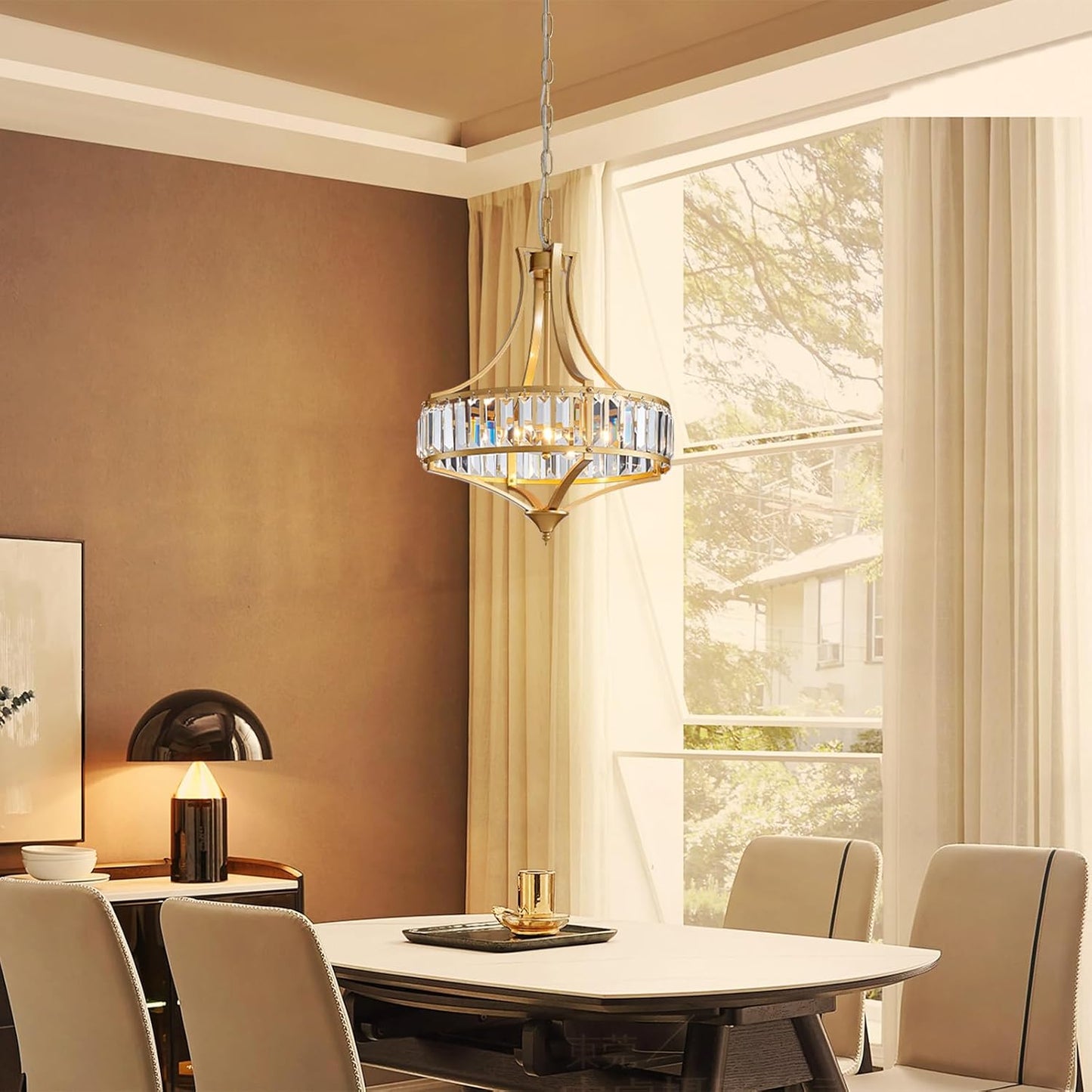 Modern Gold Crystal Chandeliers for Dining Room Pendant 4-Light Rustic Farmhouse Chandelier with Round Metal Lampshade for Living Room Kitchen Island Hallway Bedroom Foyer