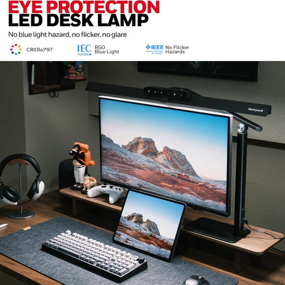 Honeywell LED Desk Lamp with Base - HJ1BK Sunturalux Eye-Caring Architect Desk Lamp for Home Office, 1200LM Computer Desk Light 4 Color Modes Stepless Dimming Task Desk Light with Timer Function Black