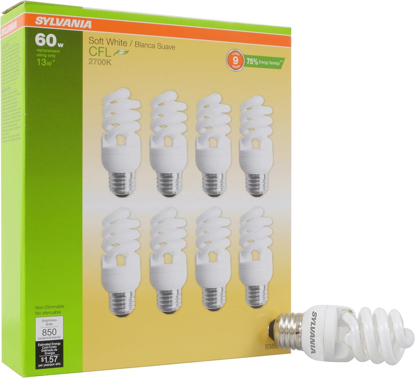 Sylvania CFL T2 Twist Light Bulb, 60W Equivalent, Efficient 13W, 850 Lumens, Medium Base, 2700K, Soft White - 8 Pack (26363)