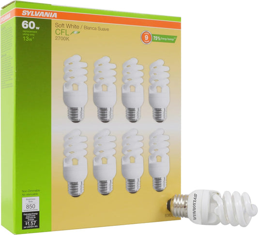 Sylvania CFL T2 Twist Light Bulb, 60W Equivalent, Efficient 13W, 850 Lumens, Medium Base, 2700K, Soft White - 8 Pack (26363)