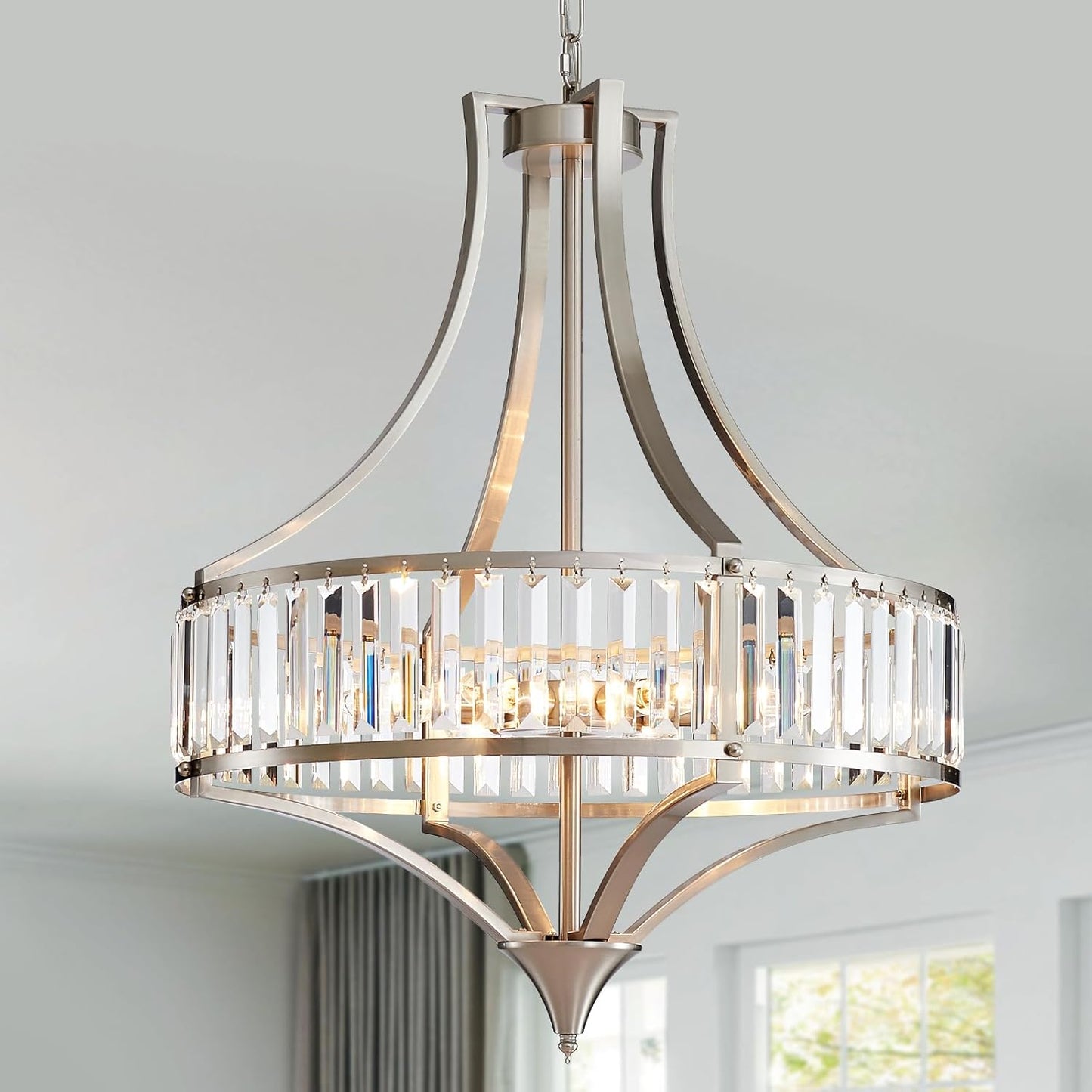 Modern Gold Crystal Chandeliers for Dining Room Pendant 4-Light Rustic Farmhouse Chandelier with Round Metal Lampshade for Living Room Kitchen Island Hallway Bedroom Foyer