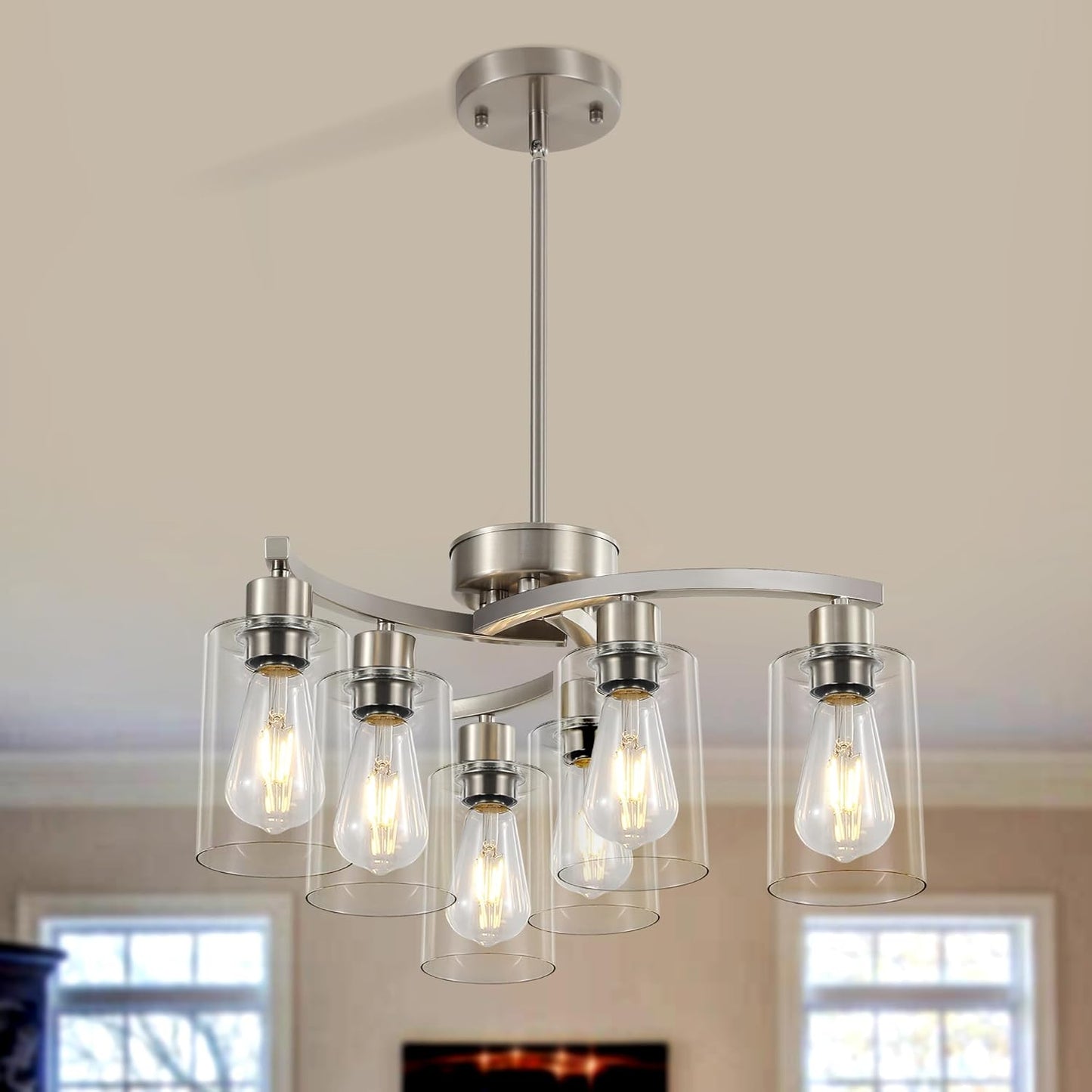 6 Light Farmhouse Brushed Nickel Chandelier,21.7" Modern Chandeliers for Dining Room Light Fixtures Over Table,Pendant Lights Kitchen Island,Metal Bracket with Downward Clear Glass Shade