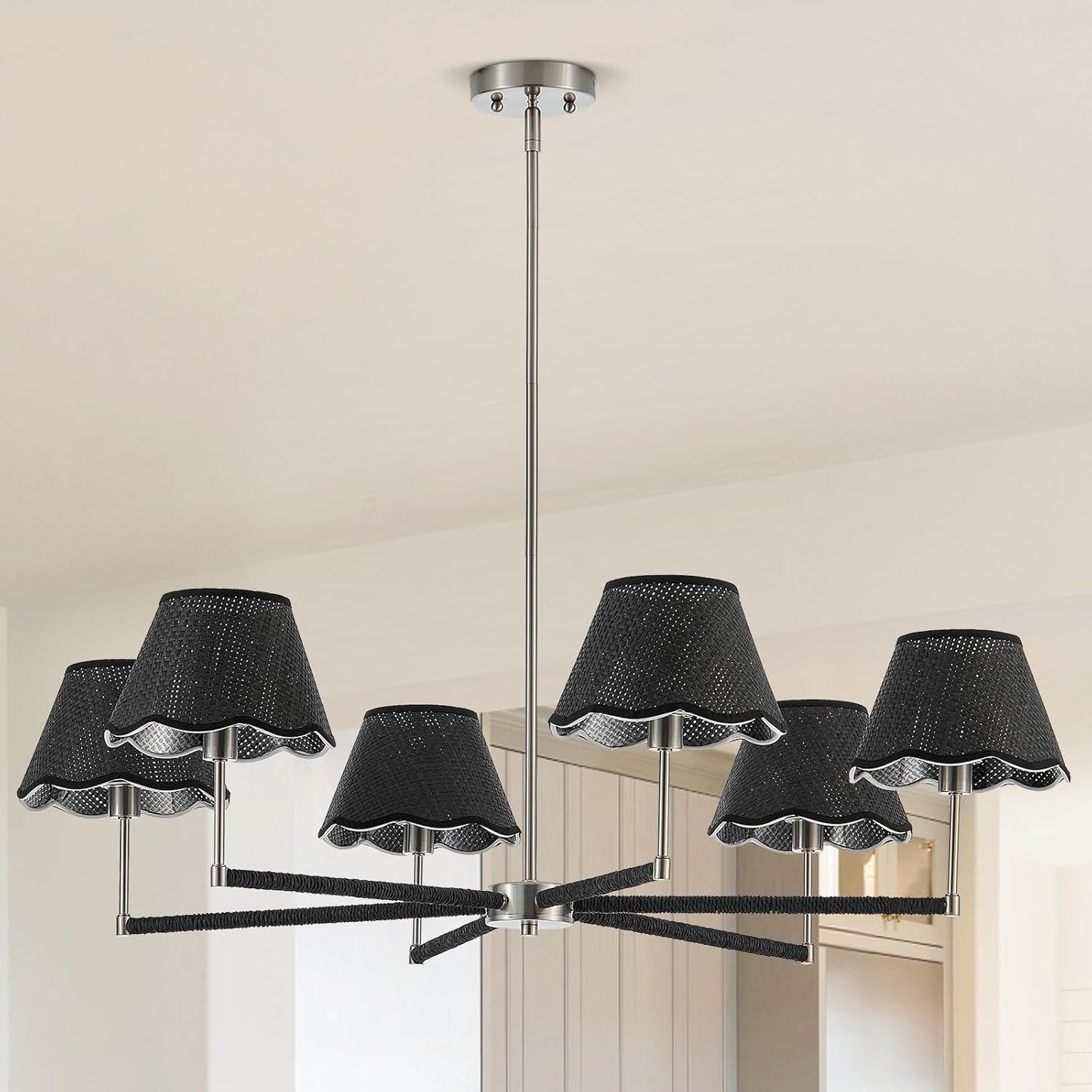 39” Boho Rattan Chandelier 6-Lights Rustic Industrial Pendant Light Large Adjustable Pendant Lighting Fixtures for Kitchen Island Dining Living Room, UL Listed