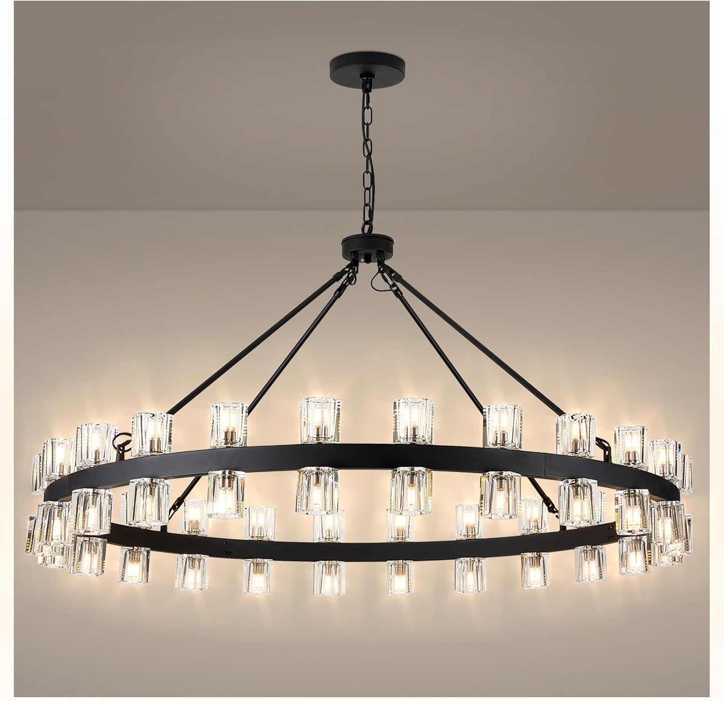 48 Inch Black Wagon Wheel Chandelier with Glass Shade, 16 Lights, Modern Farmhouse Style, Ideal for Dining Room, Kitchen, Entryways