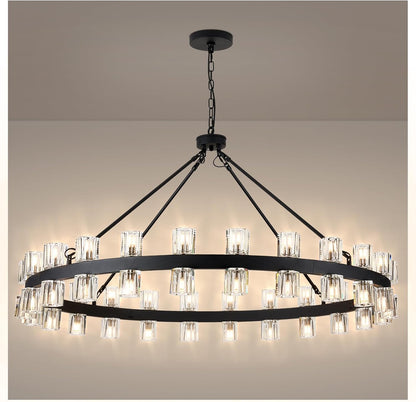 48 Inch Black Wagon Wheel Chandelier with Glass Shade, 16 Lights, Modern Farmhouse Style, Ideal for Dining Room, Kitchen, Entryways