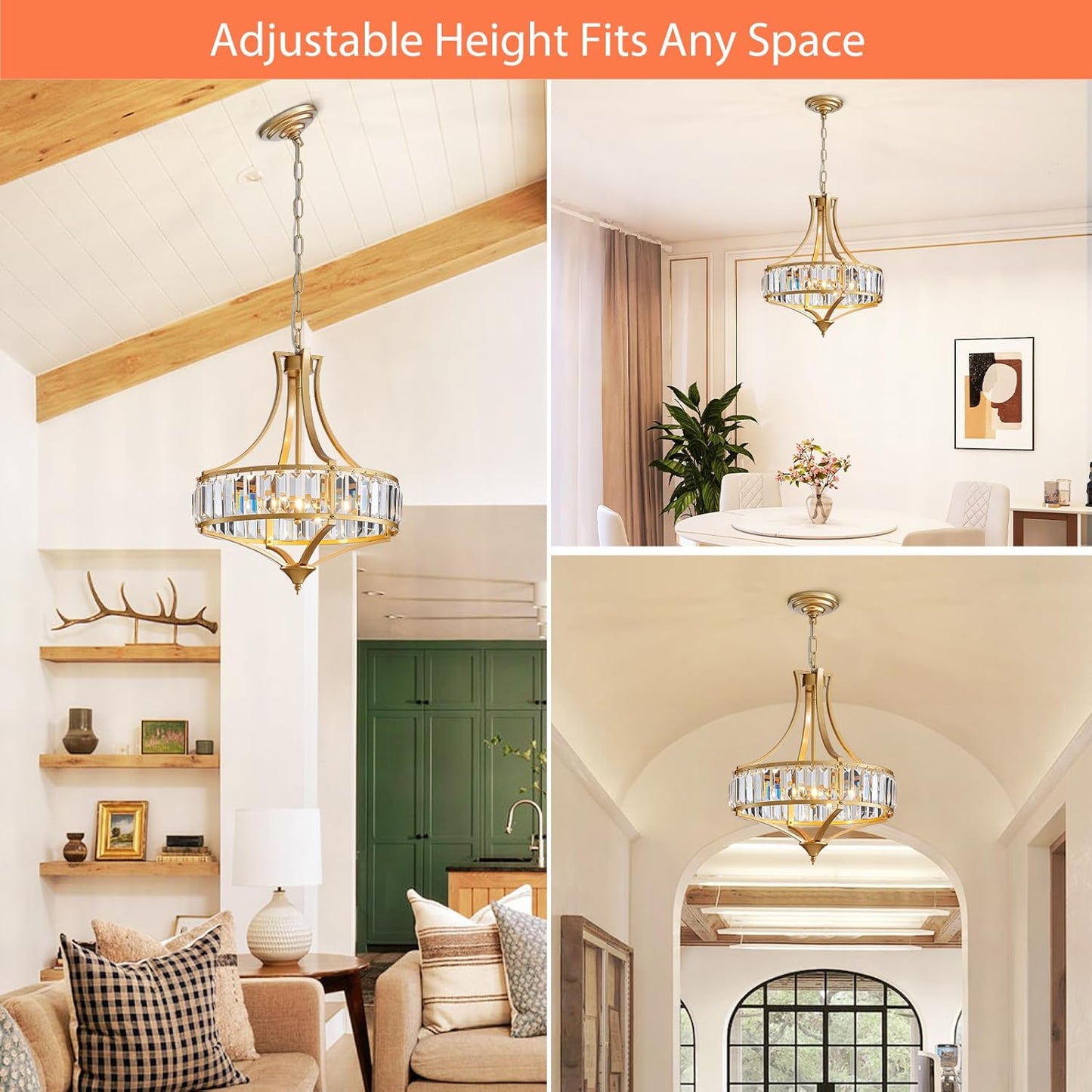 Modern Gold Crystal Chandeliers for Dining Room Pendant 4-Light Rustic Farmhouse Chandelier with Round Metal Lampshade for Living Room Kitchen Island Hallway Bedroom Foyer