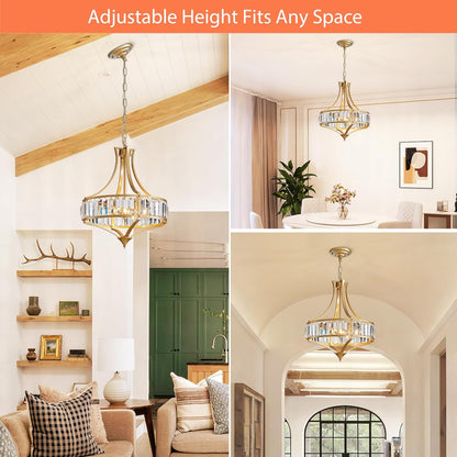 Modern Gold Crystal Chandeliers for Dining Room Pendant 4-Light Rustic Farmhouse Chandelier with Round Metal Lampshade for Living Room Kitchen Island Hallway Bedroom Foyer