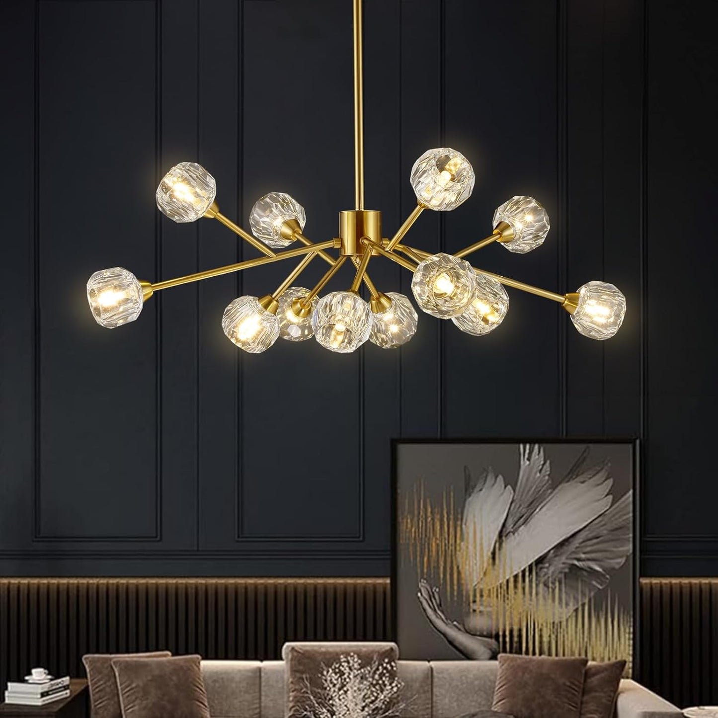 Sputnik Chandeliers for Dining Room Light Fixture Over Table, Modern Crystal Chandeliers, 9 Lights Gold Lighting Fixtures for Living Room Bedroom Kitchen Island